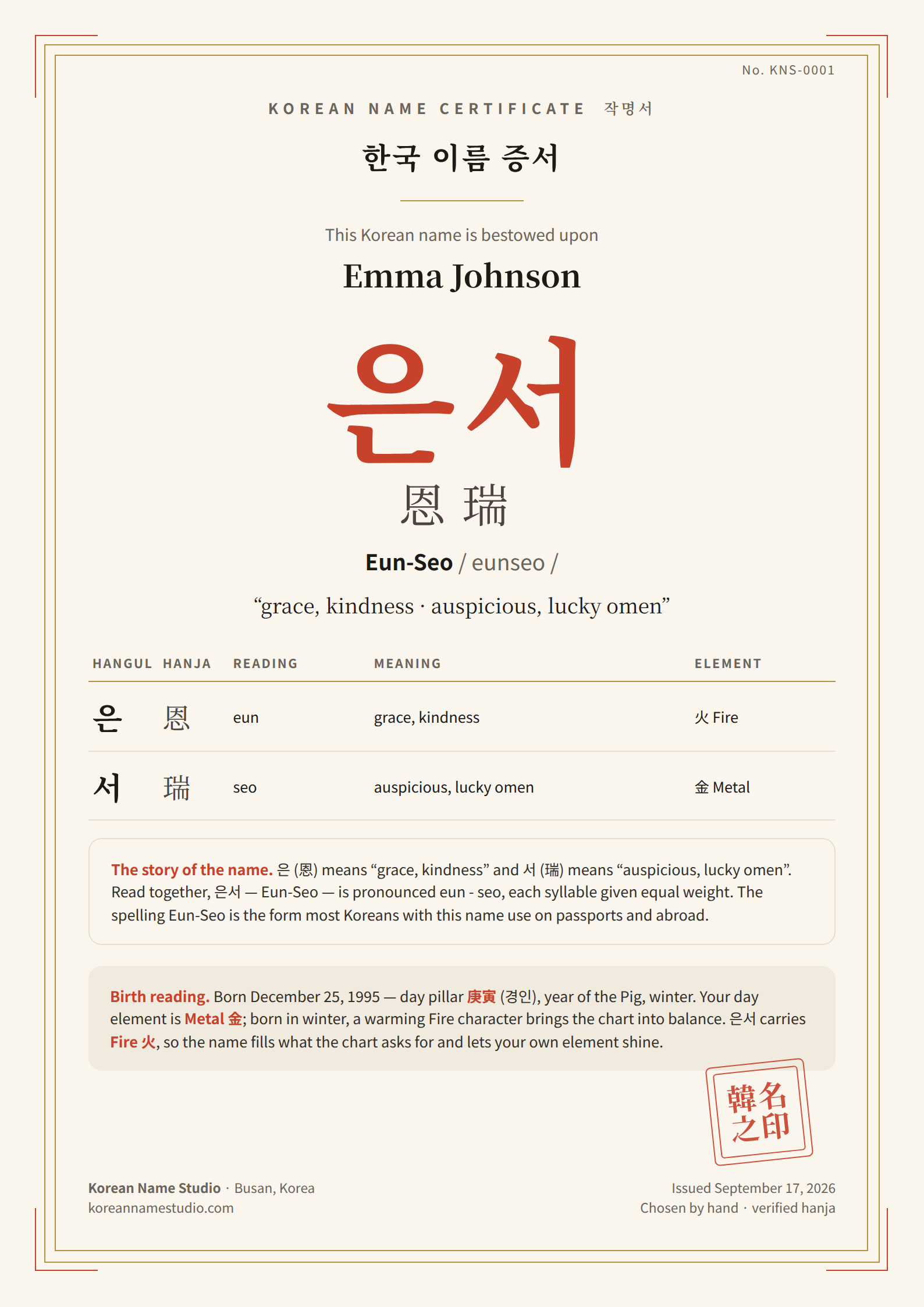 Korean Name Certificate sample
